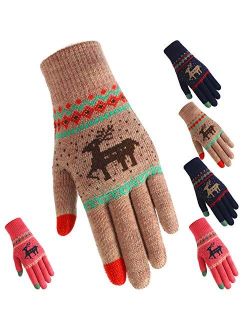 3 Pairs Women's Winter Touchscreen Gloves Warm Fleece Lined Knit Gloves Texting Elastic Cuff Gloves (Rose Red, Navy Blue and Khaki)