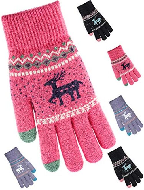 3 Pairs Women's Winter Touchscreen Gloves Warm Fleece Lined Knit Gloves Texting Elastic Cuff Gloves (Rose Red, Navy Blue and Khaki)