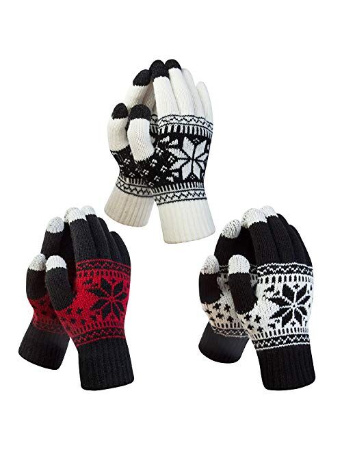 YSense 3 Pairs Touch Screen Gloves Snow Flower, Warm Knit Winter Gloves Christmas Gifts Stocking Stuffers