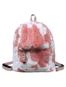 Fuzzy Pink Backpack Fluffy Cow Print Shoulder Bag Casual Girls Small Purse (Pink Cow Print,Faux Fur)