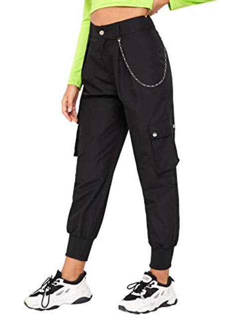 Milumia Women Casual High Waist Pocket Side Cropped Jogger Cargo Pants with Chain