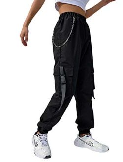 DIDK Women's High Waisted Flap Pocket Solid Jogger Cargo Pants with Chain