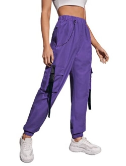 DIDK Women's High Waisted Flap Pocket Solid Jogger Cargo Pants with Chain