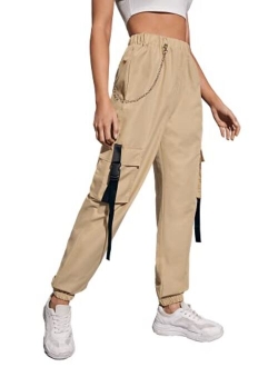 DIDK Women's High Waisted Flap Pocket Solid Jogger Cargo Pants with Chain