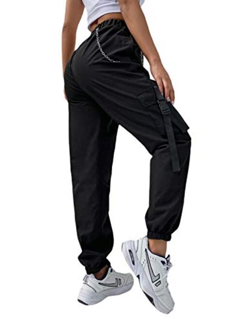 DIDK Women's High Waisted Flap Pocket Solid Jogger Cargo Pants with Chain