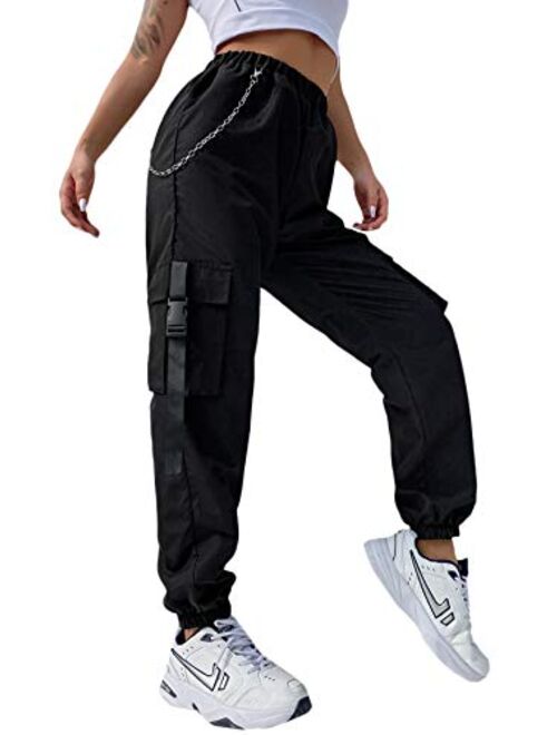 DIDK Women's High Waisted Flap Pocket Solid Jogger Cargo Pants with Chain