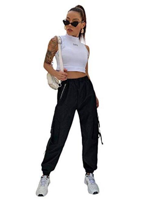 DIDK Women's High Waisted Flap Pocket Solid Jogger Cargo Pants with Chain