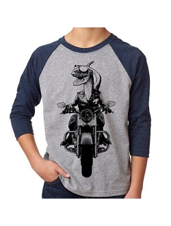 TeeINKS Velociraptor Motorcycle Youth Boys Shirt - Dinosaur Kids T Shirt Raglan