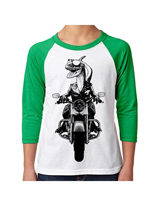 TeeINKS Velociraptor Motorcycle Youth Boys Shirt - Dinosaur Kids T Shirt Raglan