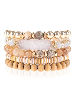 Bohemian Acrylic Druzy Multi-Layer Bead Statement Bracelet - Versatile Faux Stone Pendant Stretch Strand Stackable Cuff Bangle Set Sparkly Crystal