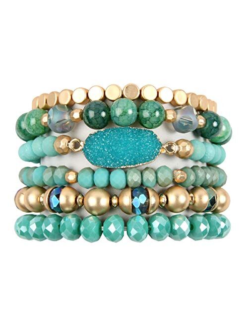 Riah Fashion Bohemian Acrylic Druzy Multi-Layer Bead Statement Bracelet - Versatile Faux Stone Pendant Stretch Strand Stackable Cuff Bangle Set Sparkly Crystal