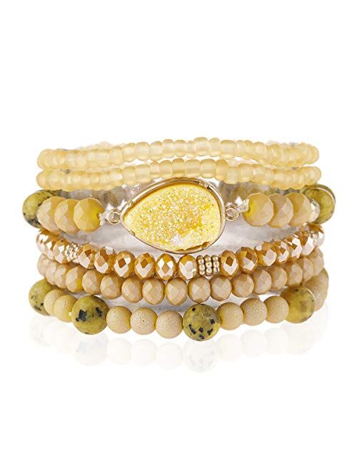 Riah Fashion Bohemian Acrylic Druzy Multi-Layer Bead Statement Bracelet - Versatile Faux Stone Pendant Stretch Strand Stackable Cuff Bangle Set Sparkly Crystal