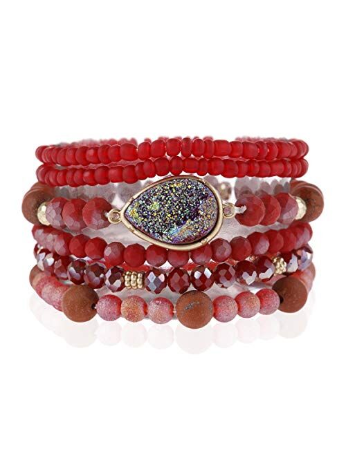 Riah Fashion Bohemian Acrylic Druzy Multi-Layer Bead Statement Bracelet - Versatile Faux Stone Pendant Stretch Strand Stackable Cuff Bangle Set Sparkly Crystal