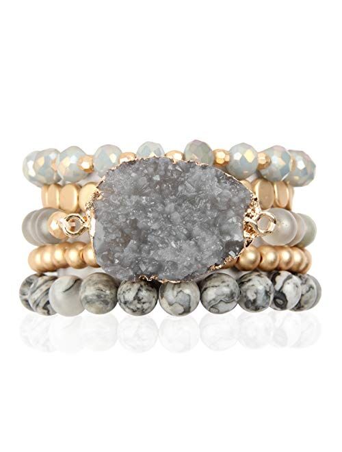 Riah Fashion Bohemian Acrylic Druzy Multi-Layer Bead Statement Bracelet - Versatile Faux Stone Pendant Stretch Strand Stackable Cuff Bangle Set Sparkly Crystal