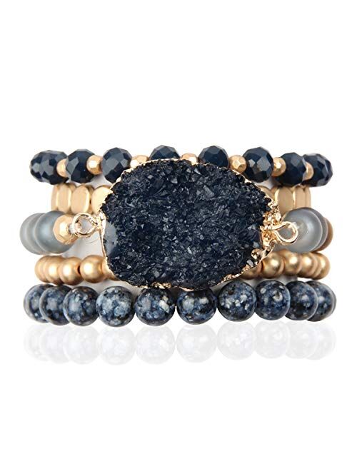 Riah Fashion Bohemian Acrylic Druzy Multi-Layer Bead Statement Bracelet - Versatile Faux Stone Pendant Stretch Strand Stackable Cuff Bangle Set Sparkly Crystal