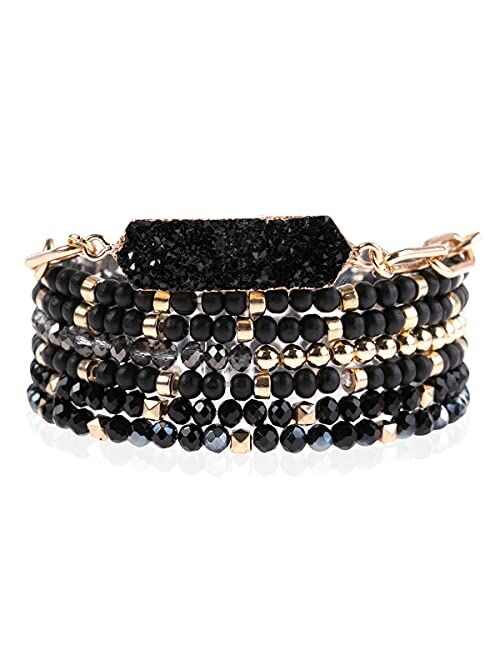 Riah Fashion Bohemian Acrylic Druzy Multi-Layer Bead Statement Bracelet - Versatile Faux Stone Pendant Stretch Strand Stackable Cuff Bangle Set Sparkly Crystal