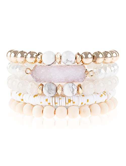 Riah Fashion Bohemian Acrylic Druzy Multi-Layer Bead Statement Bracelet - Versatile Faux Stone Pendant Stretch Strand Stackable Cuff Bangle Set Sparkly Crystal