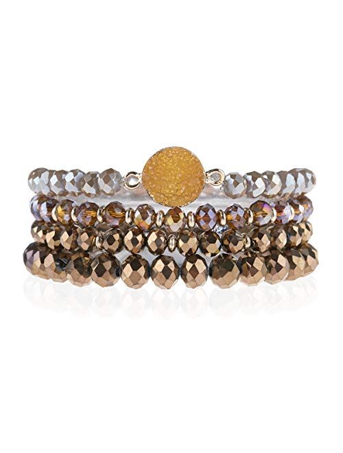 Riah Fashion Bohemian Acrylic Druzy Multi-Layer Bead Statement Bracelet - Versatile Faux Stone Pendant Stretch Strand Stackable Cuff Bangle Set Sparkly Crystal