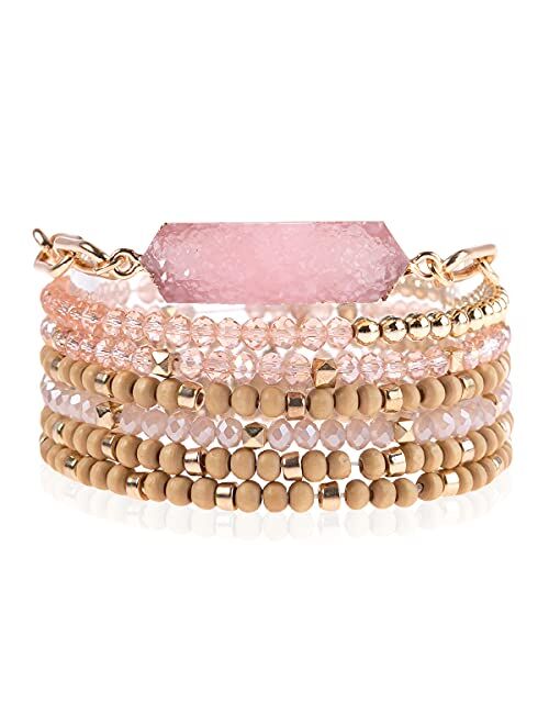 Riah Fashion Bohemian Acrylic Druzy Multi-Layer Bead Statement Bracelet - Versatile Faux Stone Pendant Stretch Strand Stackable Cuff Bangle Set Sparkly Crystal