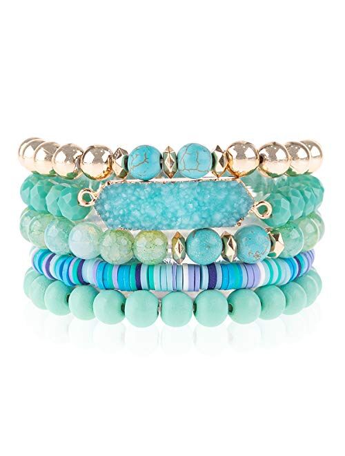 Riah Fashion Bohemian Acrylic Druzy Multi-Layer Bead Statement Bracelet - Versatile Faux Stone Pendant Stretch Strand Stackable Cuff Bangle Set Sparkly Crystal