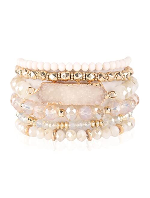 Riah Fashion Bohemian Acrylic Druzy Multi-Layer Bead Statement Bracelet - Versatile Faux Stone Pendant Stretch Strand Stackable Cuff Bangle Set Sparkly Crystal