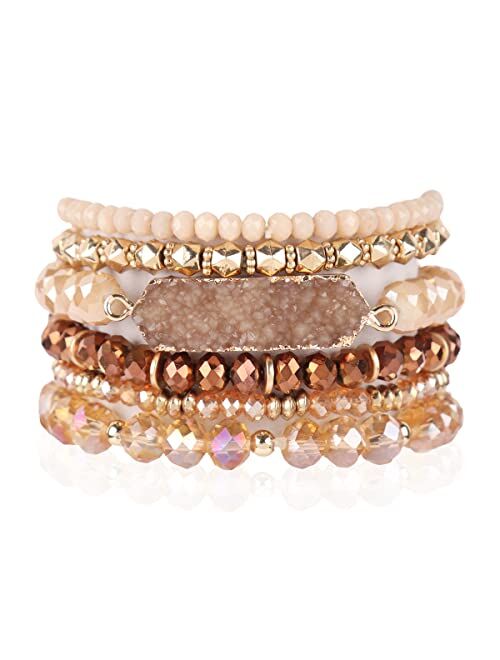 Riah Fashion Bohemian Acrylic Druzy Multi-Layer Bead Statement Bracelet - Versatile Faux Stone Pendant Stretch Strand Stackable Cuff Bangle Set Sparkly Crystal