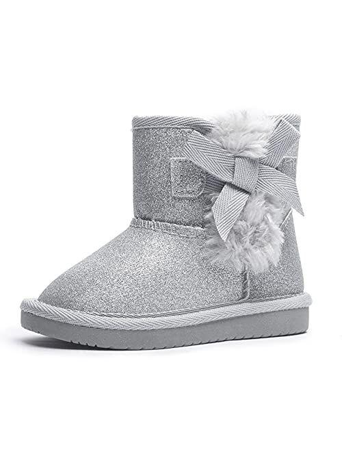 KRABOR Toddlers/Little Girls Boots,Glitter Warm Winter Snow Shoes with Cotton Lining and Cute Bow