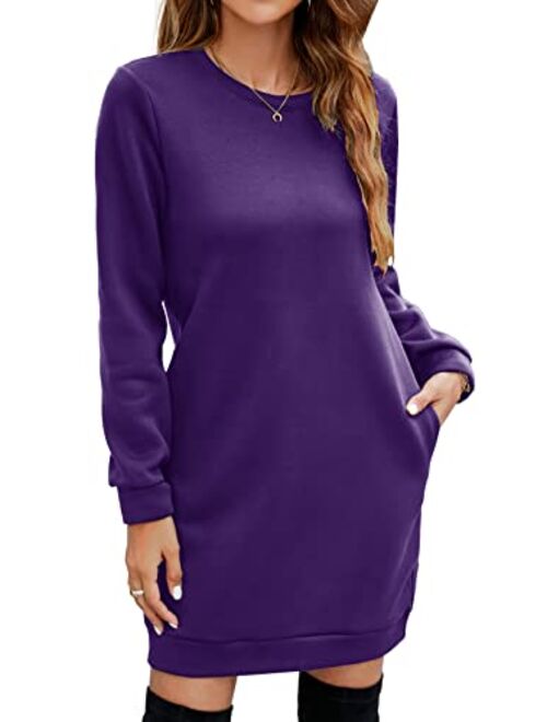 Miselon Women's Casual Fleece Long Pullover Sweatshirt Dress Long Sleeve Mini Sweater Dresses with Pockets