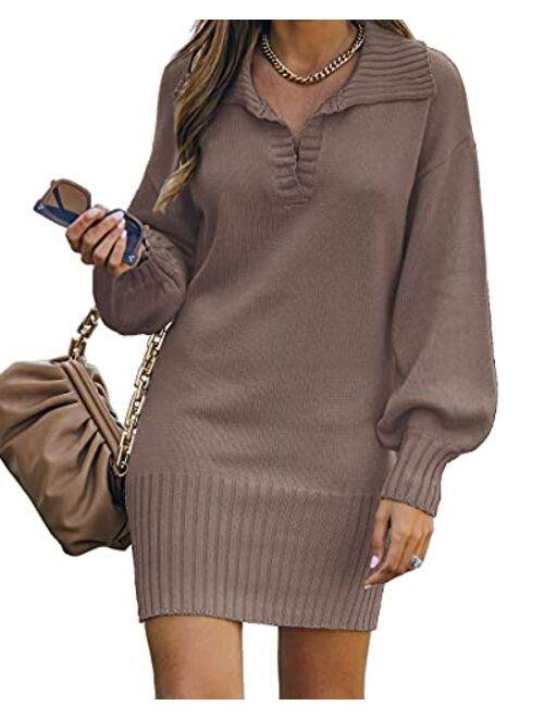 BTFBM Women Casual V Neck Knit Mini Sweater Dresses Long Sleeve Loose Fit Solid Color Ribbed Hem Pullover Jumper Sweaters