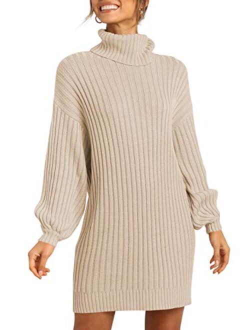 LOGENE Women's Sweater Dress Turtleneck Long Balloon Sleeve Ribbed Knit Oversized Pullover Dresses