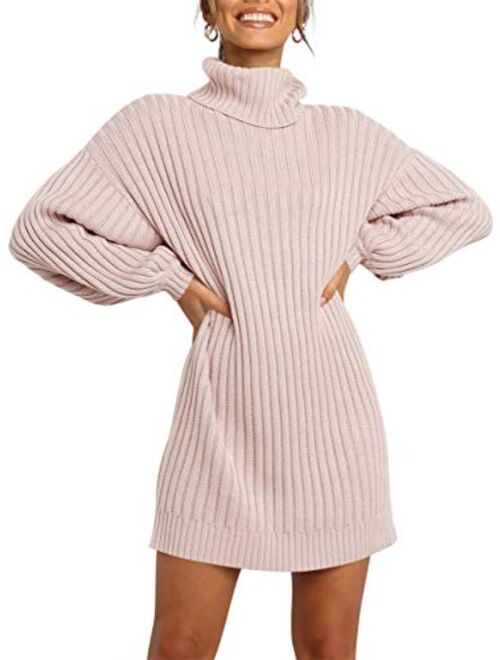 LOGENE Women's Sweater Dress Turtleneck Long Balloon Sleeve Ribbed Knit Oversized Pullover Dresses