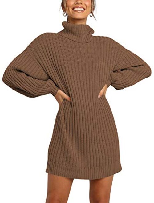 LOGENE Women's Sweater Dress Turtleneck Long Balloon Sleeve Ribbed Knit Oversized Pullover Dresses