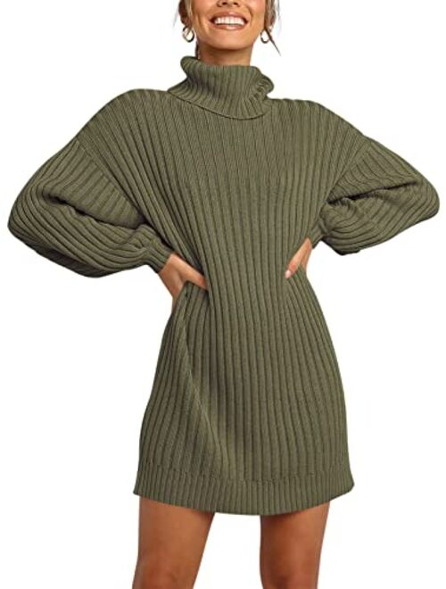 LOGENE Women's Sweater Dress Turtleneck Long Balloon Sleeve Ribbed Knit Oversized Pullover Dresses