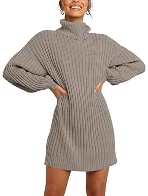 LOGENE Women's Sweater Dress Turtleneck Long Balloon Sleeve Ribbed Knit Oversized Pullover Dresses