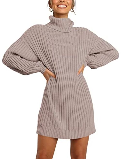 LOGENE Women's Sweater Dress Turtleneck Long Balloon Sleeve Ribbed Knit Oversized Pullover Dresses