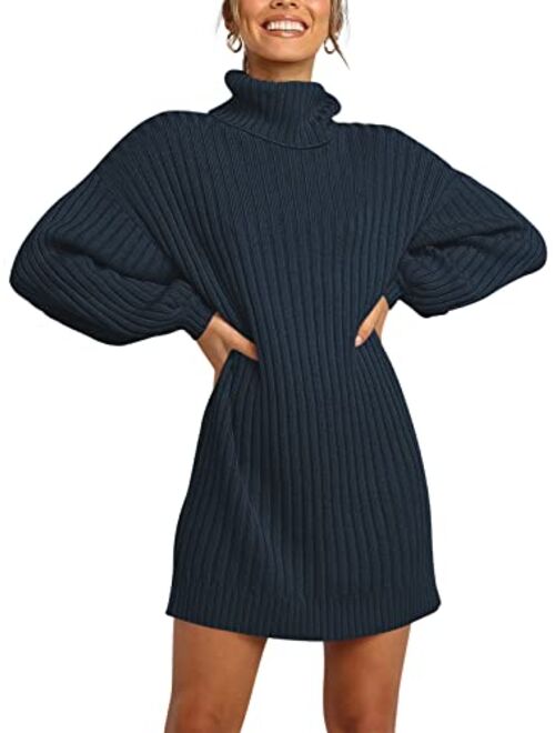 LOGENE Women's Sweater Dress Turtleneck Long Balloon Sleeve Ribbed Knit Oversized Pullover Dresses