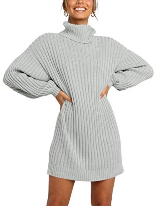 LOGENE Women's Sweater Dress Turtleneck Long Balloon Sleeve Ribbed Knit Oversized Pullover Dresses