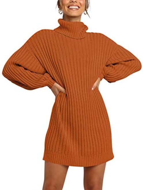 LOGENE Women's Sweater Dress Turtleneck Long Balloon Sleeve Ribbed Knit Oversized Pullover Dresses