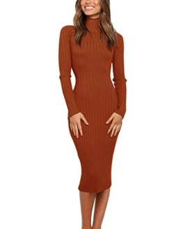 Women's Ribbed Long Sleeve Sweater Dress High Neck Slim Fit Knitted Midi Dress