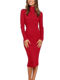 Women's Ribbed Long Sleeve Sweater Dress High Neck Slim Fit Knitted Midi Dress