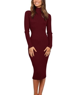 Women's Ribbed Long Sleeve Sweater Dress High Neck Slim Fit Knitted Midi Dress