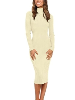 Women's Ribbed Long Sleeve Sweater Dress High Neck Slim Fit Knitted Midi Dress