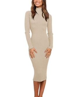 Women's Ribbed Long Sleeve Sweater Dress High Neck Slim Fit Knitted Midi Dress