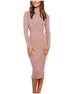 Women's Ribbed Long Sleeve Sweater Dress High Neck Slim Fit Knitted Midi Dress