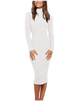 Women's Ribbed Long Sleeve Sweater Dress High Neck Slim Fit Knitted Midi Dress