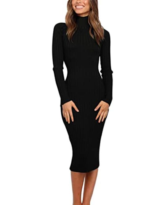 MEROKEETY Women's Ribbed Long Sleeve Sweater Dress High Neck Slim Fit Knitted Midi Dress