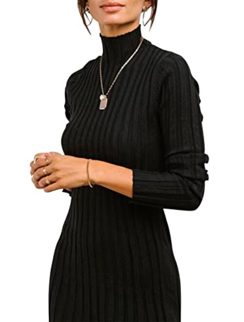 MEROKEETY Women's Ribbed Long Sleeve Sweater Dress High Neck Slim Fit Knitted Midi Dress