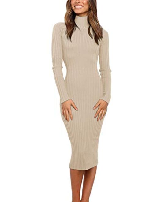 MEROKEETY Women's Ribbed Long Sleeve Sweater Dress High Neck Slim Fit Knitted Midi Dress