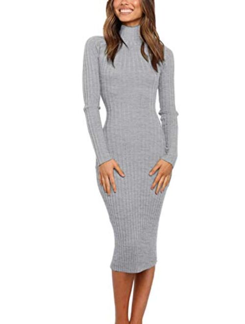 MEROKEETY Women's Ribbed Long Sleeve Sweater Dress High Neck Slim Fit Knitted Midi Dress