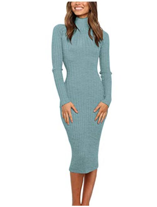 MEROKEETY Women's Ribbed Long Sleeve Sweater Dress High Neck Slim Fit Knitted Midi Dress